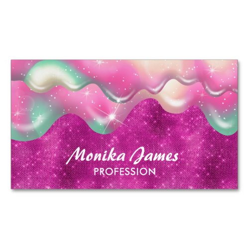 Chic Fuchsia Pink Sweet Drip Faux Glitter Monogram Business Card Magnet