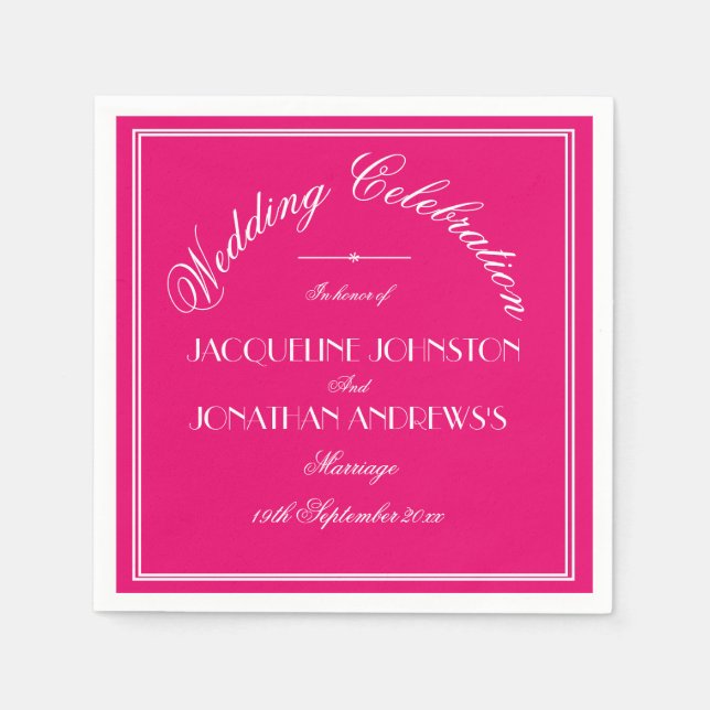 Chic Fuchsia Wedding Elegant White Script Names Napkins (Front)
