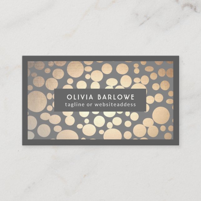 Chic Fun Gold Circles Gray Trendy Designer Business Card (Front)