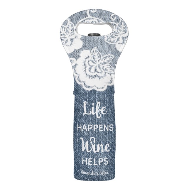 Chic Funny Denim Life Happens Wine Helps Name Wine Bag (Front)