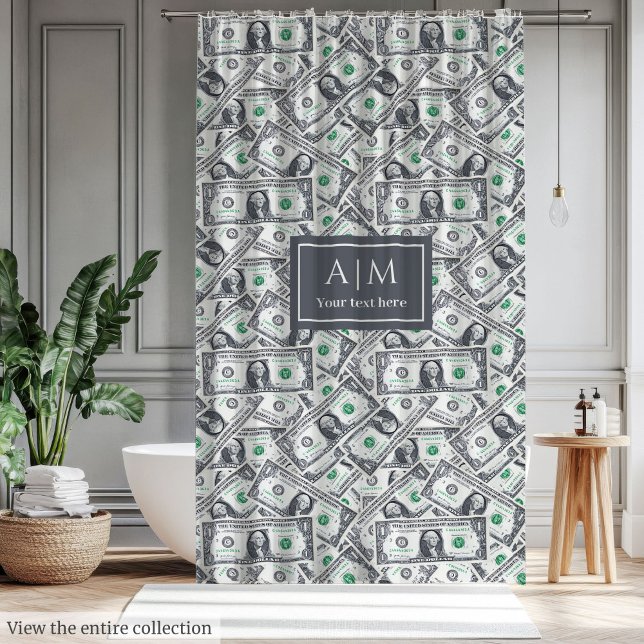 Chic funny gift for cash fans with monogram design shower curtain (Elegant funny gift dollar print custom name present)