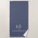 Chic Future Mr Blue Indigo Monogram Beach Towel<br><div class="desc">Chic blue indigo monogrammed beach towel with the text Mr in white elegant script calligraphy. You can customize this luxurious beach towel with your married name. Perfect gift for the newlywed couple with the matching Mrs beach towel or for the bridal shower. Exclusively designed for you by Happy Dolphin Studio....</div>