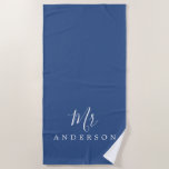 Chic Future Mr Classic Blue Monogram Beach Towel<br><div class="desc">Chic monogrammed beach towel with the text Mr in white elegant script calligraphy on a classic blue background. You can customize this luxurious beach towel with your married name. Perfect gift for the newlywed couple with the matching Mrs beach towel or for the bridal shower. Exclusively designed for you by...</div>