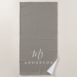 Chic Future Mr Gray Monogram Beach Towel<br><div class="desc">Chic gray monogrammed beach towel with the text Mr in white elegant script calligraphy. You can customize this luxurious beach towel with your married name. Perfect gift for the newlywed couple with the matching Mrs beach towel or for the bridal shower. Exclusively designed for you by Happy Dolphin Studio. If...</div>