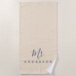 Chic Future Mr Ivory Monogram Beach Towel<br><div class="desc">Chic ivory monogrammed beach towel with the text Mr in navy blue elegant script calligraphy. You can customize this luxurious beach towel with your married name. Perfect gift for the newlywed couple with the matching Mrs beach towel or for the bridal shower. Exclusively designed for you by Happy Dolphin Studio....</div>
