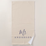 Chic Future Mr Ivory Monogram Beach Towel<br><div class="desc">Chic ivory monogrammed beach towel with the text Mr in navy blue elegant script calligraphy. You can customize this luxurious beach towel with your married name. Perfect gift for the newlywed couple with the matching Mrs beach towel or for the bridal shower. Exclusively designed for you by Happy Dolphin Studio....</div>