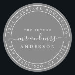 Chic Future Mr Mrs Return Address Dark Gray Classic Round Sticker<br><div class="desc">Chic, modern and simple wedding return address classic round sticker with the text the future Mr and Mrs in off-black elegant script on a dark gray background. Simply add your name and address. Exclusively designed for you by Happy Dolphin Studio. If you need any help or matching products please contact...</div>