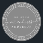 Chic Future Mr Mrs Return Address Dark Gray Classic Round Sticker<br><div class="desc">Chic, modern and simple wedding return address classic round sticker with the text the future Mr and Mrs in off-black elegant script on a dark gray background. Simply add your name and address. Exclusively designed for you by Happy Dolphin Studio. If you need any help or matching products please contact...</div>