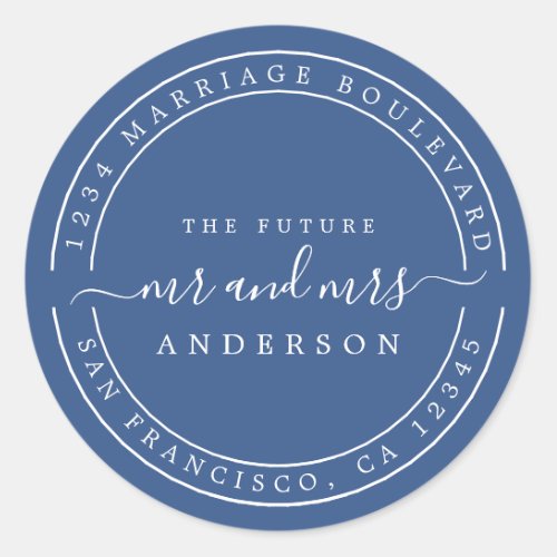 Chic Future Mr Mrs Wedding Return Address Blue Classic Round Sticker