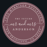 Chic Future Mr Mrs Wedding Return Address Burgundy Classic Round Sticker<br><div class="desc">Chic, modern and simple wedding return address classic round sticker with the text the future Mr and Mrs in white elegant handwritten script calligraphy on a burgundy background. Simply add your name and address. Exclusively designed for you by Happy Dolphin Studio. If you need any help or matching products please...</div>