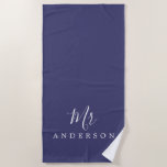 Chic Future Mr Navy Blue Monogram Beach Towel<br><div class="desc">Chic navy blue monogrammed beach towel with the text Mr in white elegant script calligraphy. You can customize this luxurious beach towel with your married name. Perfect gift for the newlywed couple with the matching Mrs beach towel or for the bridal shower. Exclusively designed for you by Happy Dolphin Studio....</div>