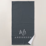 Chic Future Mr Off-Black Monogram Beach Towel<br><div class="desc">Chic off-black monogrammed beach towel with the text Mr in white elegant script calligraphy. You can customize this luxurious beach towel with your married name. Perfect gift for the newlywed couple with the matching Mrs beach towel or for the bridal shower. Exclusively designed for you by Happy Dolphin Studio. If...</div>