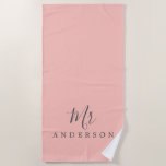 Chic Future Mr Pastel Pink Monogram Beach Towel<br><div class="desc">Chic pastel pink monogrammed beach towel with the text Mr in off-black elegant script calligraphy. You can customize this luxurious beach towel with your married name. Perfect gift for the newlywed couple with the matching Mrs beach towel or for the bridal shower. Exclusively designed for you by Happy Dolphin Studio....</div>