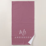 Chic Future Mr Purple Cassis Monogram Beach Towel<br><div class="desc">Chic purple cassis monogrammed beach towel with the text Mr in white elegant script calligraphy. You can customize this luxurious beach towel with your married name. Perfect gift for the newlywed couple with the matching Mrs beach towel or for the bridal shower. Exclusively designed for you by Happy Dolphin Studio....</div>