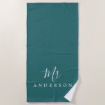 Chic Future Mr Teal Green Monogram Beach Towel<br><div class="desc">Chic teal green monogrammed beach towel with the text Mr in white elegant script calligraphy. You can customize this luxurious beach towel with your married name. Perfect gift for the newlywed couple with the matching Mrs beach towel or for the bridal shower. Exclusively designed for you by Happy Dolphin Studio....</div>