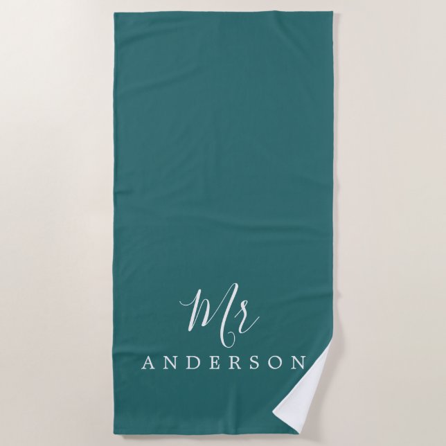 Chic Future Mr Teal Green Monogram Beach Towel (Front)