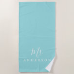 Chic Future Mr Turquoise Monogram Beach Towel<br><div class="desc">Chic monogrammed beach towel with the text Mr in white elegant script calligraphy on a turquoise blue background. You can customize this luxurious beach towel with your married name. Perfect gift for the newlywed couple with the matching Mrs beach towel or for the bridal shower. Exclusively designed for you by...</div>