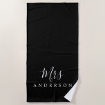 Chic Future Mrs Black and White Monogram Beach Towel<br><div class="desc">Chic black and white monogrammed beach towel with the text Mrs in white elegant script calligraphy. You can customize this luxurious beach towel with your married name. Perfect gift for the newlywed couple with the matching Mr beach towel or for the bridal shower. Exclusively designed for you by Happy Dolphin...</div>