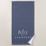 Chic Future Mrs Blue Indigo Monogram Beach Towel<br><div class="desc">Chic blue indigo monogrammed beach towel with the text Mrs in white elegant script calligraphy. You can customize this luxurious beach towel with your married name. Perfect gift for the newlywed couple with the matching Mr beach towel or for the bridal shower. Exclusively designed for you by Happy Dolphin Studio....</div>