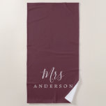 Chic Future Mrs Burgundy Monogram Beach Towel<br><div class="desc">Chic burgundy monogrammed beach towel with the text Mrs in white elegant script calligraphy. You can customize this luxurious beach towel with your married name. Perfect gift for the newlywed couple with the matching Mr beach towel or for the bridal shower. Exclusively designed for you by Happy Dolphin Studio. If...</div>