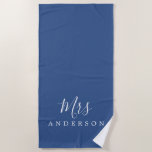 Chic Future Mrs Classic Blue Monogram Beach Towel<br><div class="desc">Chic monogrammed beach towel with the text Mrs in white elegant script calligraphy on a classic blue background. You can customize this luxurious beach towel with your married name. Perfect gift for the newlywed couple with the matching Mr beach towel or for the bridal shower. Exclusively designed for you by...</div>