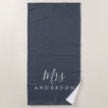 Chic Future Mrs Dark Blue Monogram Beach Towel<br><div class="desc">Chic dark blue monogrammed beach towel with the text Mrs in white elegant script calligraphy. You can customize this luxurious beach towel with your married name. Perfect gift for the newlywed couple with the matching Mr beach towel or for the bridal shower. Exclusively designed for you by Happy Dolphin Studio....</div>