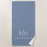 Chic Future Mrs Faded Denim Blue Monogram Beach Towel<br><div class="desc">Chic faded denim blue monogrammed beach towel with the text Mrs in white elegant script calligraphy. You can customize this luxurious beach towel with your married name. Perfect gift for the newlywed couple with the matching Mr beach towel or for the bridal shower. Exclusively designed for you by Happy Dolphin...</div>