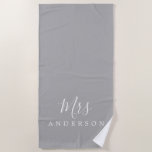 Chic Future Mrs Gray Monogram Beach Towel<br><div class="desc">Chic gray monogrammed beach towel with the text Mrs in white elegant script calligraphy. You can customize this luxurious beach towel with your married name. Perfect gift for the newlywed couple with the matching Mr beach towel or for the bridal shower. Exclusively designed for you by Happy Dolphin Studio. If...</div>