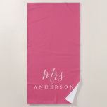 Chic Future Mrs Hot Pink Monogram Beach Towel<br><div class="desc">Chic monogrammed beach towel with the text Mrs in white elegant script calligraphy on a hot pink background. You can customize this luxurious beach towel with your married name. Perfect gift for the newlywed couple with the matching Mr beach towel or for the bridal shower. Exclusively designed for you by...</div>