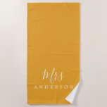 Chic Future Mrs Mellow Yellow Monogram Beach Towel<br><div class="desc">Chic monogrammed beach towel with the text Mrs in white elegant script calligraphy on a mellow yellow background. You can customize this luxurious beach towel with your married name. Perfect gift for the newlywed couple with the matching Mr beach towel or for the bridal shower. Exclusively designed for you by...</div>