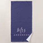 Chic Future Mrs Navy Blue Monogram Beach Towel<br><div class="desc">Chic navy blue monogrammed beach towel with the text Mrs in white elegant script calligraphy. You can customize this luxurious beach towel with your married name. Perfect gift for the newlywed couple with the matching Mr beach towel or for the bridal shower. Exclusively designed for you by Happy Dolphin Studio....</div>