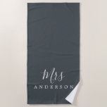 Chic Future Mrs Off-Black Monogram Beach Towel<br><div class="desc">Chic off-black monogrammed beach towel with the text Mrs in white elegant script calligraphy. You can customize this luxurious beach towel with your married name. Perfect gift for the newlywed couple with the matching Mr beach towel or for the bridal shower. Exclusively designed for you by Happy Dolphin Studio. If...</div>