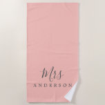 Chic Future Mrs Pastel Pink Monogram Beach Towel<br><div class="desc">Chic pastel pink monogrammed beach towel with the text Mrs in navy blue elegant script calligraphy. You can customize this luxurious beach towel with your married name. Perfect gift for the newlywed couple with the matching Mr beach towel or for the bridal shower. Exclusively designed for you by Happy Dolphin...</div>