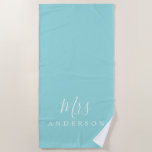 Chic Future Mrs Turquoise Monogram Beach Towel<br><div class="desc">Chic monogrammed beach towel with the text Mrs in white elegant script calligraphy on a turquoise blue background. You can customize this luxurious beach towel with your married name. Perfect gift for the newlywed couple with the matching Mr beach towel or for the bridal shower. Exclusively designed for you by...</div>