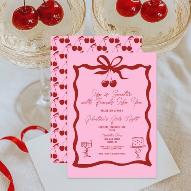 Chic Galentine's Day Bow Pink and Cherry Red Invitation (Life is Sweeter with Friends Like You Galentine's Day Brunch Invitation, Girls Night Out, Valentines)