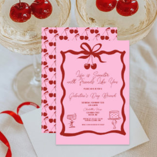 Chic Galentine's Day Bow Pink and Cherry Red Invitation