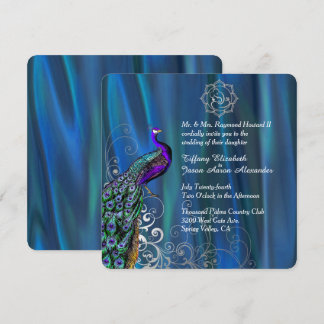 Chic Ganesha 2 Blue Satin and Peacock Wedding Invitation