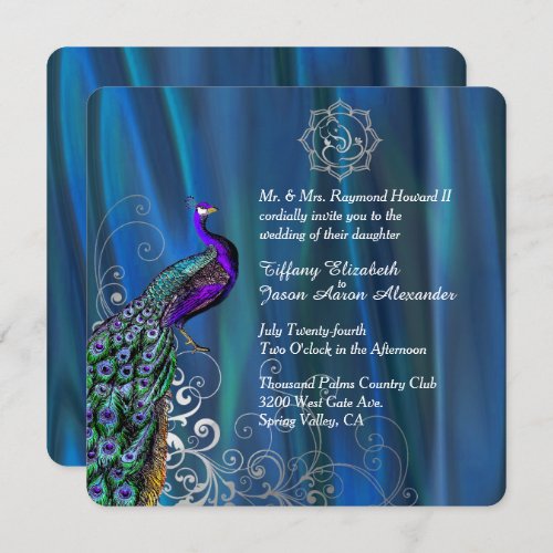 Chic Ganesha 2 Blue Satin and Peacock Wedding Invitation