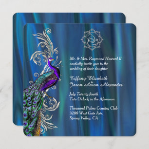 Chic Ganesha 3 Blue Satin and Peacock Wedding Invitation