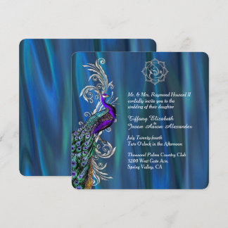 Chic Ganesha 3 Blue Satin and Peacock Wedding  Invitation