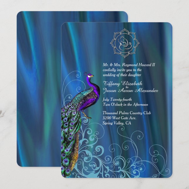 Chic Ganesha Blue Satin and Peacock Wedding  Invit Invitation (Front/Back)