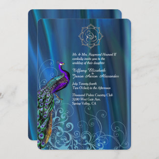 Chic Ganesha Blue Satin and Peacock Wedding  Invit Invitation