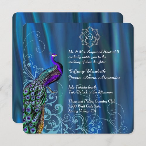 Chic Ganesha Blue Satin and Peacock Wedding  Invitation