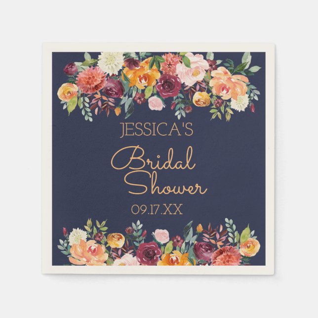 Chic Garden Floral Navy Blue Personalized Napkin (Front)