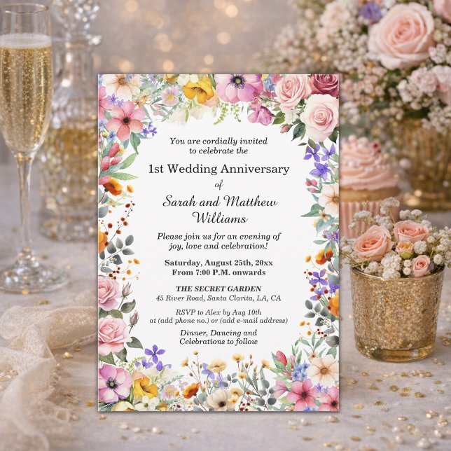 Chic Garden Flowers 1st Wedding Anniversary Invitation (Creator Uploaded)