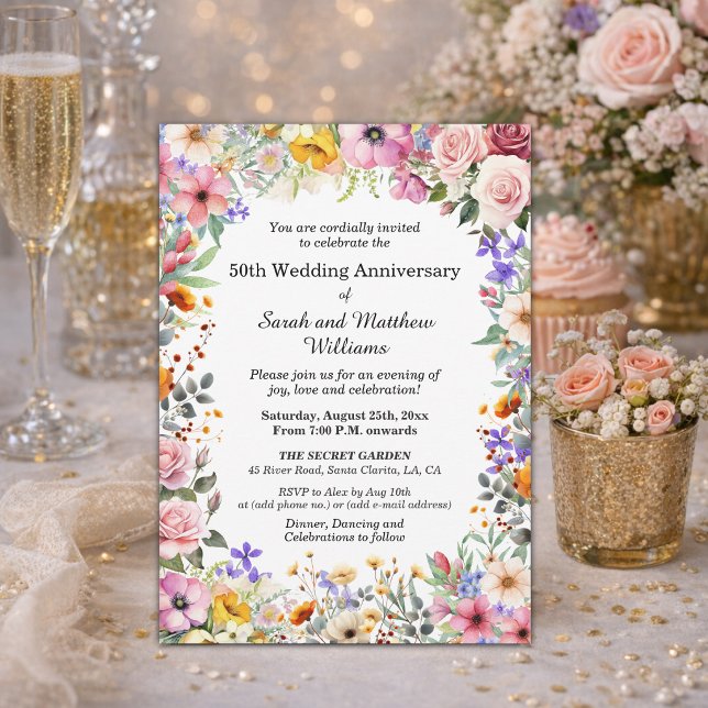 Chic Garden Flowers 50th Wedding Anniversary Invitation (Creator Uploaded)