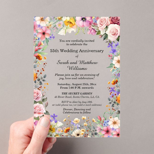 Chic Garden Flowers 55th Wedding Anniversary Acrylic Invitations (Insitu (Handheld))