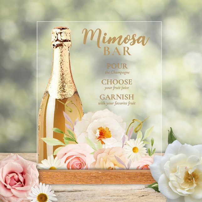 Chic Garden Flowers Bridal Shower Mimosa  Acrylic Sign (Chic garden flowers bridal shower acrylic tabletop sign)