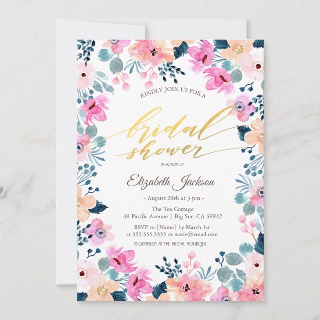 Chic Garden Pink Flowers Bridal Shower  Invitation (Front)