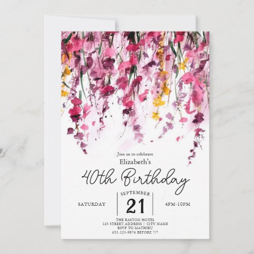 Chic Garden Wildflowers 40th birthday Invitation